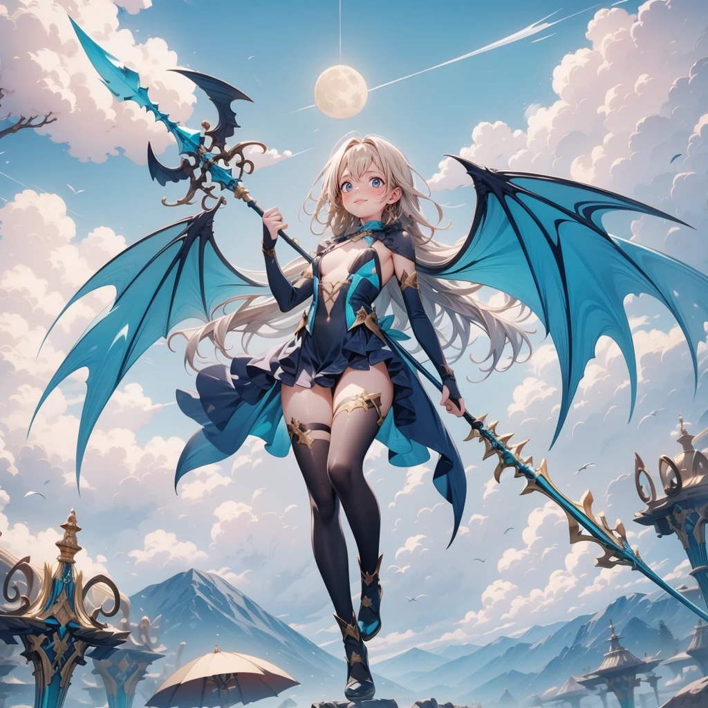 (Turquoise fantasy style) ,(8K),(illusory),Solitary,1 Girl,Yellow hair, Devil's Point,Gradient Wing, Practical, best quality, masterpiece, Ultra Detailed, Ultra-high resolution,rest (outdoor),Flying in the sky,moon,spear,Look at the audience,Scary face