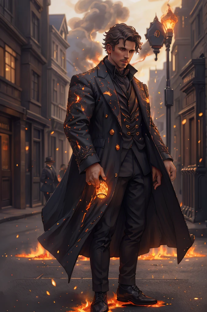 photograph of a Victorian man, standing on the streets of London in the 1800s., long shot, wearing Victorian tailcoats, emb3r4rmor, coals, luminous, burning, realistic, Best quality, detailed background, depth of field, complex parts