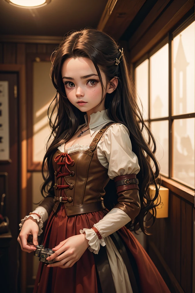 (Fotografie der 20-jährigen Aerith Gainsborough), (keine Nahaufnahme), sehr detailliertes Gesicht, (lächeln:0.7) (hintergrund innen dunkel, Launisch, privates Arbeitszimmer:1.3), Steampunk-Piratenluftschiff, nikon d850, Film-Stockfotografie, for kodak portra 400 ,Kamera f1.6 lens, bokeh, analoger Stil, Satte Farben, Hyperrealistisch, lebensechte Textur, dramatische Beleuchtung, Cinestill 800, Zerzaustes Haar, ernst, (Sommersprossen:0.4), blasse Haut, Süß sexy