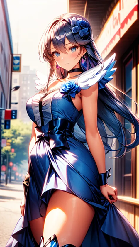 (highly detailed cg), (highest quality),(full body)，1 girl,alone, black choker, earrings, blue flower, magical girl, waist bow, ...