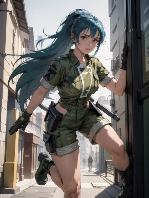 30-year-old woman, alone, athletic, blue hair tied in a ponytail, wears green military shorts, wears dark gloves, has military b...