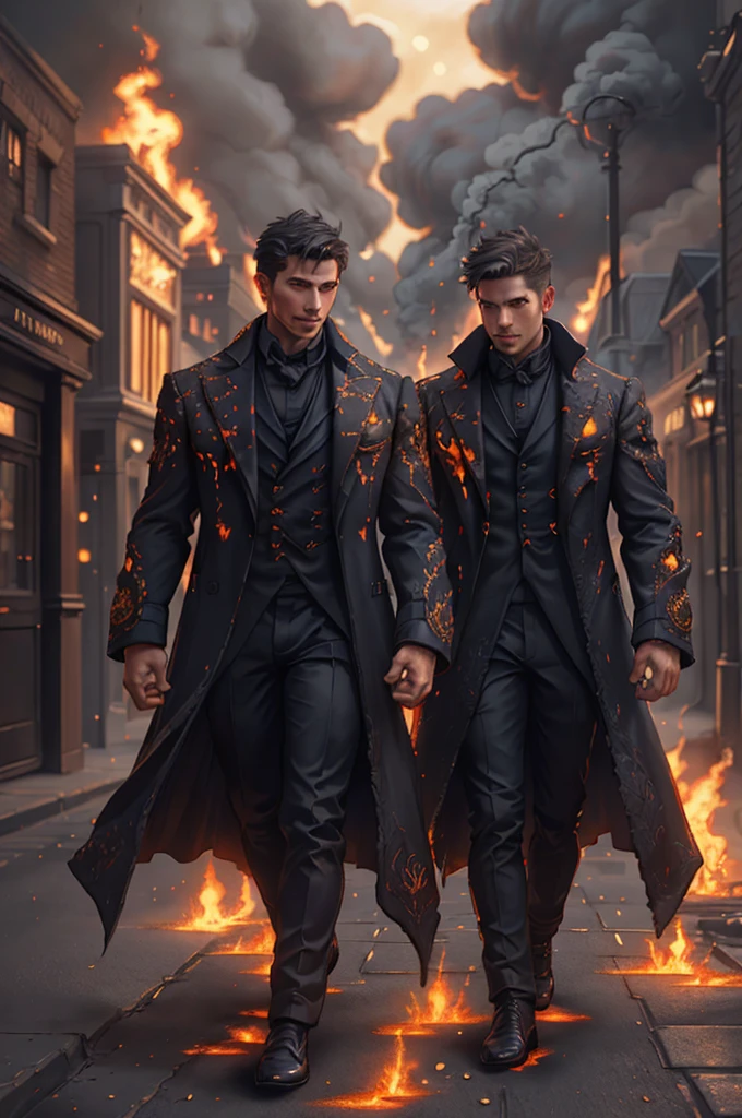 photograph of a Victorian guy walking, two hellhounds nearby,standing on the streets of London in the 1800s., long shot, wearing Victorian tailcoats, emb3r4rmor, coals, luminous, burning, realistic, Best quality, detailed background, depth of field, complex parts,