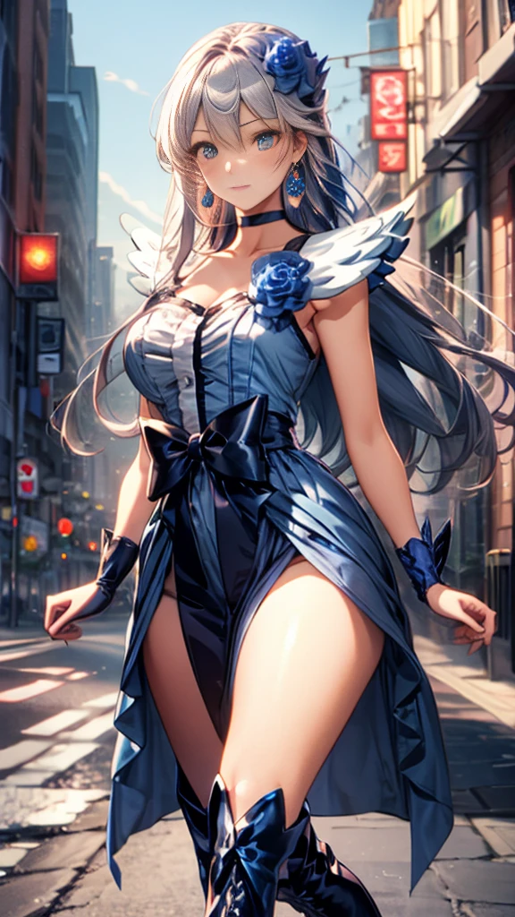 (Highly detailed CG), (Highest quality),(full body)，1 Girl,alone, black choker, earrings, blue flower, magical girl, waist bow, cure moonlight dress, jewelry, flower, wrist cuffs, single elbow glove, boots, eyelashes,Perfect Face,  Shiny skin, Shiny skin, Wide Hips,Tight waist,Knee-high boots，Elbow Bag,1 Girl, Long Hair, Big Breasts，Thick thighs，sunset，Octane，Cowboy Shot, (Pose in front)，straight, street，