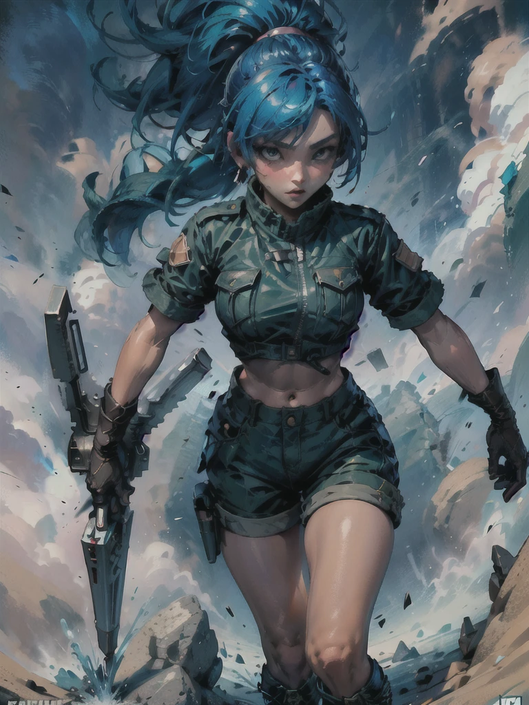 30-year-old woman, alone, athletic, blue hair tied in a ponytail, wears green military shorts, wears a green military top, wears dark gloves, has military boots, high resolution, perfect image, very detailed, high contrast, colors digital, simple, medium shot, cinematic, ultra-sharp focus, award-winning photography, perfect contrast, high sharpness, depth of field, ultra-detailed photography. global illumination, fluid, ultra high definition, 8k, Unreal Engine 5, ultra sharp focus, award-winning photography, Art Season Trends,
