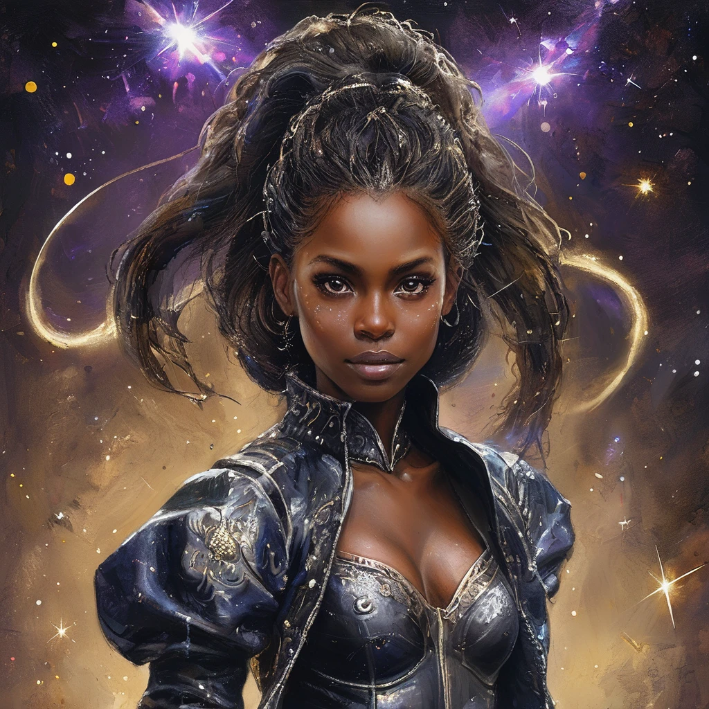 portrait, un portrait d&#39;ange de combat, beautiful black skin with scintillaits and Paillettes, Cheveux longs et longs, yeux brillants et éclaircissants, peau détaillée, l&#39;image est convaincante avec une composition dynamique et une pose énergique. Incluez de nombreux détails fantastiques tels que des bosses, irisation fantasmatique, Paillettes, galaxie, cosmos, ((corps en peau céleste sombre, corps cosmique vide)), (((fond sombre))), (((lumières éteintes))), (((Hollywood sombre))), horreur, ombres dramatiques, (dans un espace sombre et fantastique:1.3, Paillettes, scintillait, lueur) illustration numérique de vecteur, (fond noir:1.5)POINTU