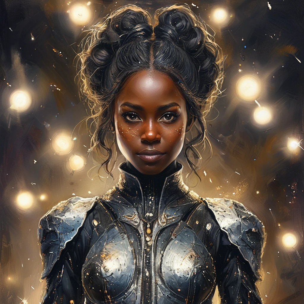 portrait, un portrait d&#39;ange de combat, beautiful black skin with scintillaits and Paillettes, Cheveux longs et longs, yeux brillants et éclaircissants, peau détaillée, l&#39;image est convaincante avec une composition dynamique et une pose énergique. Incluez de nombreux détails fantastiques tels que des bosses, irisation fantasmatique, Paillettes, galaxie, cosmos, ((corps en peau céleste sombre, corps cosmique vide)), (((fond sombre))), (((lumières éteintes))), (((Hollywood sombre))), horreur, ombres dramatiques, (dans un espace sombre et fantastique:1.3, Paillettes, scintillait, lueur) illustration numérique de vecteur, (fond noir:1.5)POINTU