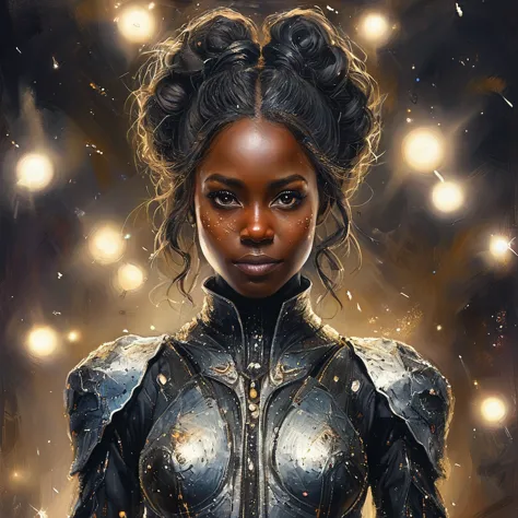 PORTRAIT, a battle angel portrait, beautiful black skin with sparkles and glitter, long long hair, shiny and lightening eyes det...