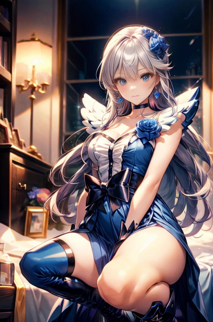 (Highly detailed CG), (Highest quality),(full body)，(( Squat，Spread your legs，Strike a Pose)),1 Girl,alone, black choker, earrings, blue flower, magical girl, waist bow, cure moonlight dress, jewelry, flower, wrist cuffs, single elbow glove, boots, eyelashes,Perfect Face,  Shiny skin, Shiny skin, Wide Hips,Tight waist,Knee-high boots，Elbow Bag,1 Girl, Long Hair, Big Breasts，Thick thighs，sunset，Octane，