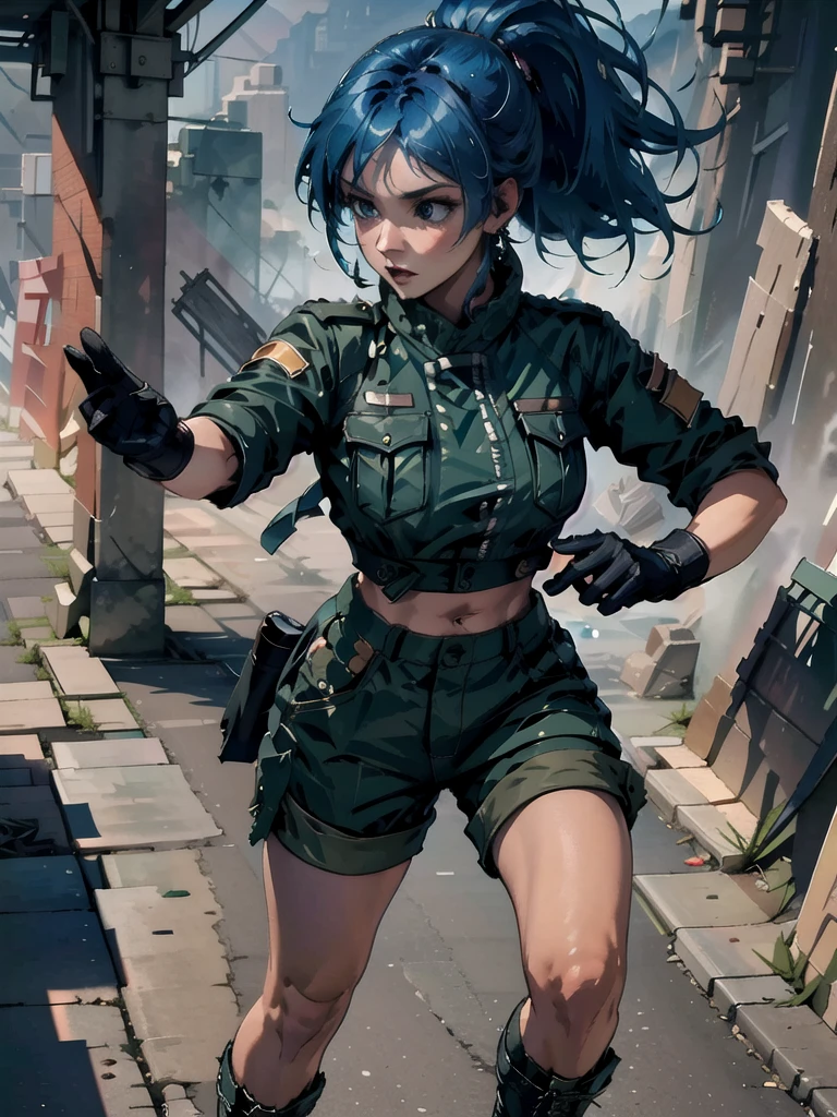 30-year-old woman, alone, athletic, blue hair tied in a ponytail, wears green military shorts, wears a green military top, wears dark gloves, has military boots, high resolution, perfect image, very detailed, high contrast, colors digital, simple, medium shot, cinematic, ultra-sharp focus, award-winning photography, perfect contrast, high sharpness, depth of field, ultra-detailed photography. global illumination, fluid, ultra high definition, 8k, Unreal Engine 5, ultra sharp focus, award-winning photography, Art Season Trends,
