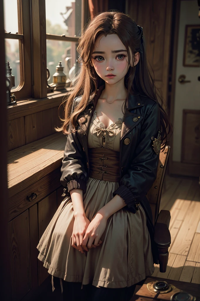 (Fotografie der 20-jährigen Aerith Gainsborough), (keine Nahaufnahme), sehr detailliertes Gesicht, (lächeln:0.7) (hintergrund innen dunkel, Launisch, privates Arbeitszimmer:1.3), Steampunk-Piratenluftschiff, nikon d850, Film-Stockfotografie, for kodak portra 400 ,Kamera f1.6 lens, bokeh, analoger Stil, Satte Farben, Hyperrealistisch, lebensechte Textur, dramatische Beleuchtung, Cinestill 800, Zerzaustes Haar, ernst, (Sommersprossen:0.4), blasse Haut, Süß sexy