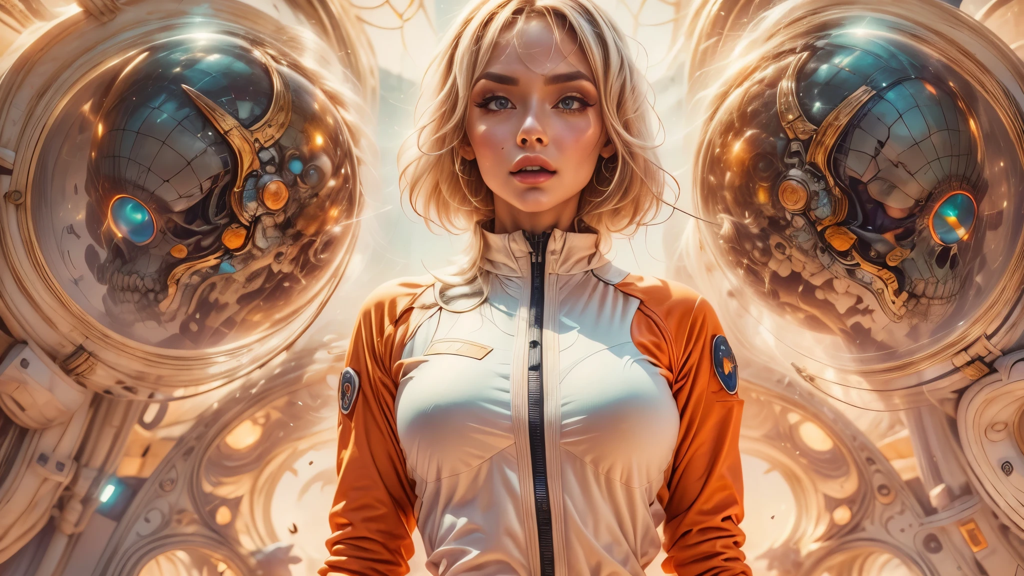 arafed image of a white woman in a futuristic suit with a spaceship in the background, movie art, in front of an orange background, inspired by Robert McGinnis, female protagonist, megastructure in the background, portrait of an ai astronaut, astronauts, an astronaut, portrait of a astronaut skeletor, perfect android girl, Highly Detailed Face and Skin Texture, Detailed Eyes, Double eyelids, perfectly detailed teeth, frank franzzeta and sakimichan  