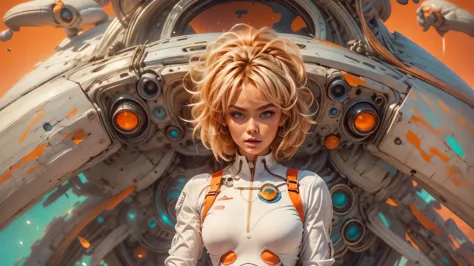 arafed image of a white woman in a futuristic suit with a spaceship in the background, movie art, in front of an orange backgrou...