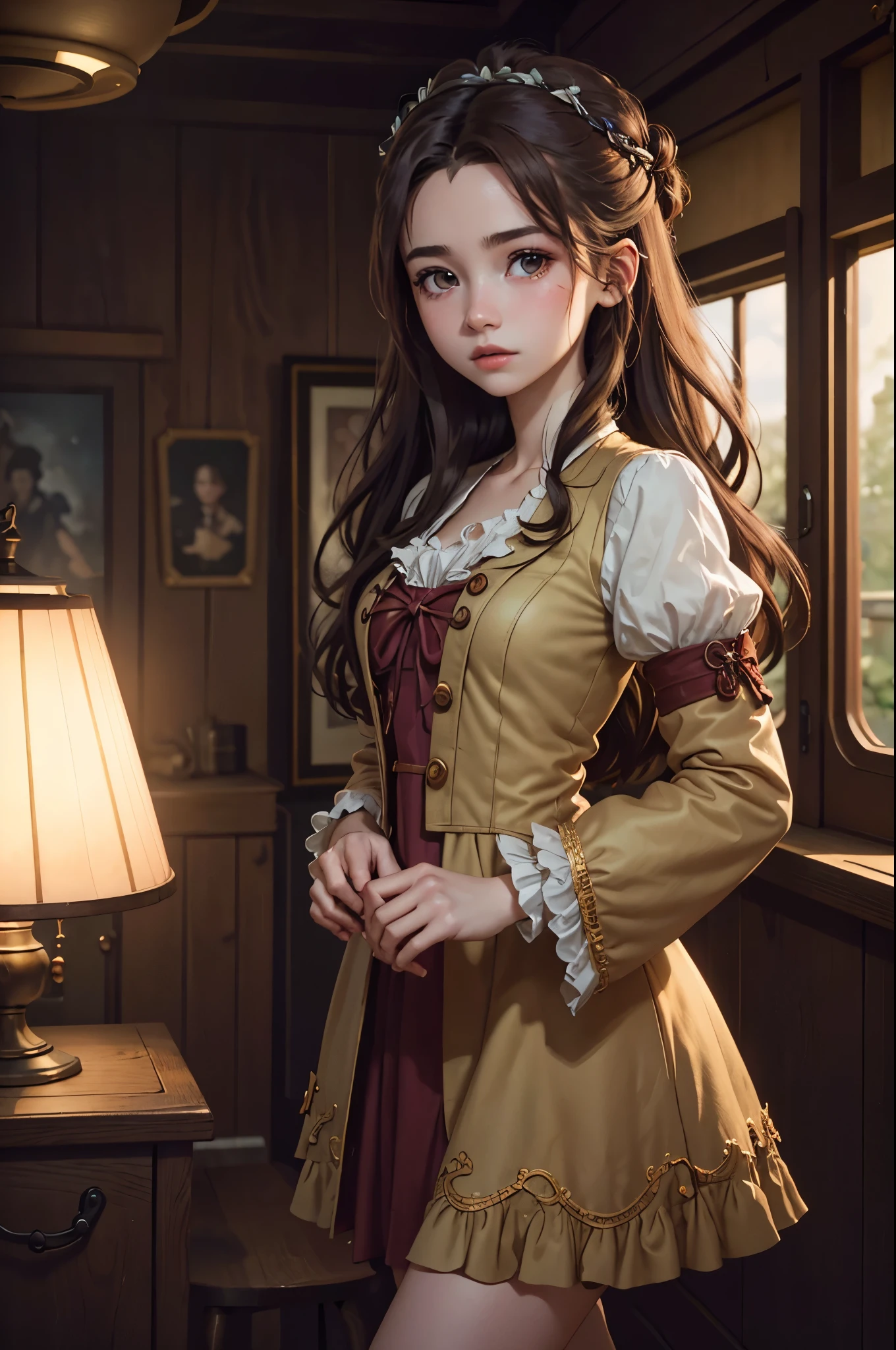 (Fotografie der 20-jährigen Aerith Gainsborough), (keine Nahaufnahme), sehr detailliertes Gesicht, (lächeln:0.7) (hintergrund innen dunkel, Launisch, privates Arbeitszimmer:1.3), Steampunk-Piratenluftschiff, nikon d850, Film-Stockfotografie, for kodak portra 400 ,Kamera f1.6 lens, bokeh, analoger Stil, Satte Farben, Hyperrealistisch, lebensechte Textur, dramatische Beleuchtung, Cinestill 800, Zerzaustes Haar, ernst, (Sommersprossen:0.4), blasse Haut, Süß sexy