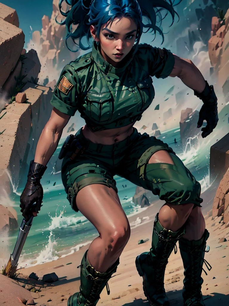 30-year-old woman, alone, athletic, blue hair tied in a ponytail, wears green military shorts, wears a green military top, wears dark gloves, has military boots, high resolution, perfect image, very detailed, high contrast, colors digital, simple, medium shot, cinematic, ultra-sharp focus, award-winning photography, perfect contrast, high sharpness, depth of field, ultra-detailed photography. global illumination, fluid, ultra high definition, 8k, Unreal Engine 5, ultra sharp focus, award-winning photography, Art Season Trends,
