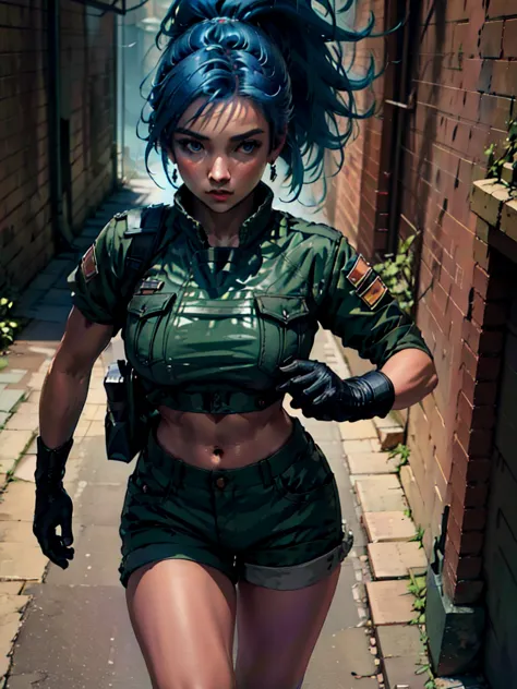 30-year-old woman, alone, athletic, blue hair tied in a ponytail, wears green military shorts, wears a green military top, wears...