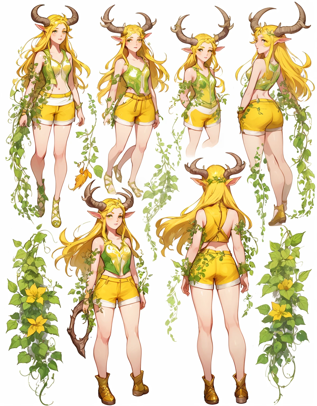 sketch (Character Design Sheet, Same characters, whole body, Three-species, Front, ~ ~ ~ side, Come back),(Very bright:1.1), White background, [1 girl:7], (tilted his head:1.2), ([sketch|watercolor \(Temperate\)]:1.15),whole body, Yellow medieval summer girl, concept, vines on the hand and horns from the vines, full length, whole body, magic hunter, White shorts, SFV