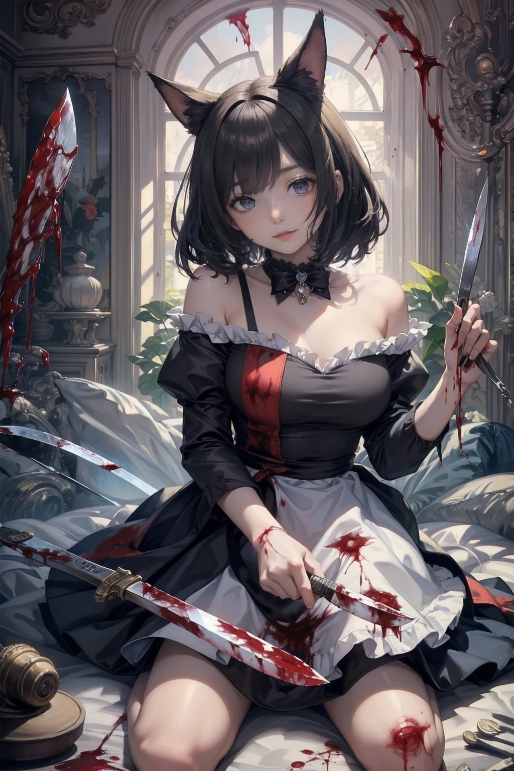 Highest quality, 4K,masterpiece, Very detailed, 8K, High detail, Sharp focus, One girl, alone, Alice in Wonderland, Black Hair, Fine grain, , smile, gesugao, (邪悪なsmile:1.1), Sharp teeth, (Crazy Blue Eyes:1.2), Yandere, Holding a knife, (Blood splatter:1.3)