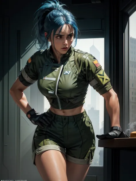 30-year-old woman, alone, athletic, blue hair tied in a ponytail, wears green military shorts, wears a green military top, wears...