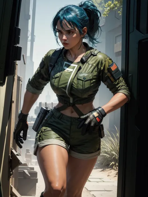 30-year-old woman, alone, athletic, blue hair tied in a ponytail, wears green military shorts, wears a green military top, wears...