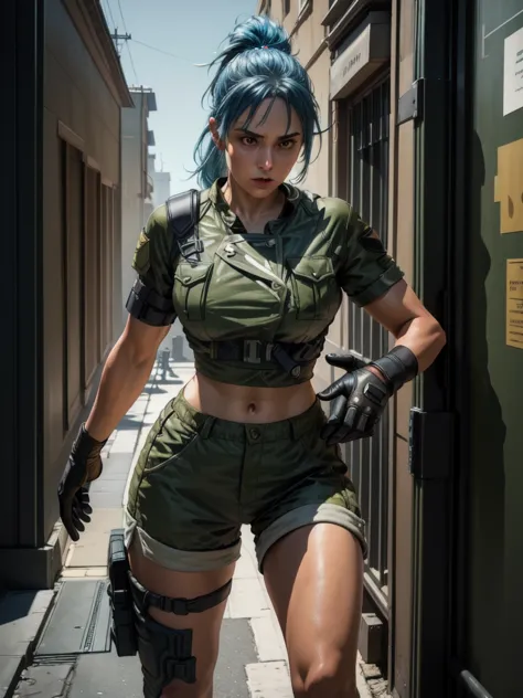 30-year-old woman, alone, athletic, blue hair tied in a ponytail, wears green military shorts, wears a green military top, wears...