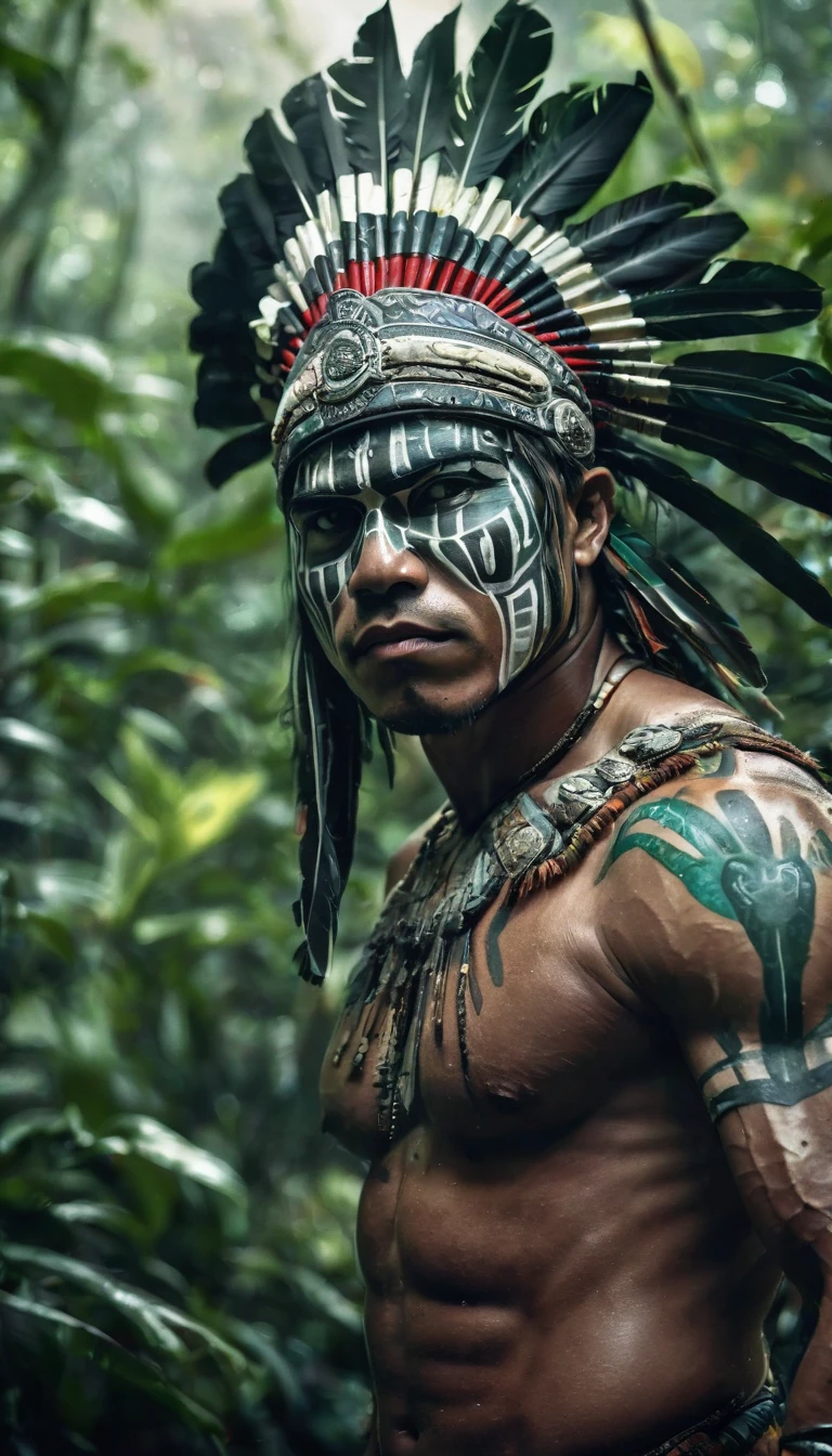 plano general, cuerpo entero, floración, monocromo, bosquejo de tinta,  (salpicaduras de tinta abstracta:1.2), Fondo blanco, a guerrero indio americano, indigenous american warrior, detailed face and body, wearing tribal headdress, holding spear, in jungle landscape, mist, sunlight filtering through trees, lush foliage, intricate patterns on clothing, muscular physique, intense expression, ultra-detailed, 8k, photorealistic, dramatic lighting, vibrant colors, cinematic composition, pose de lucha