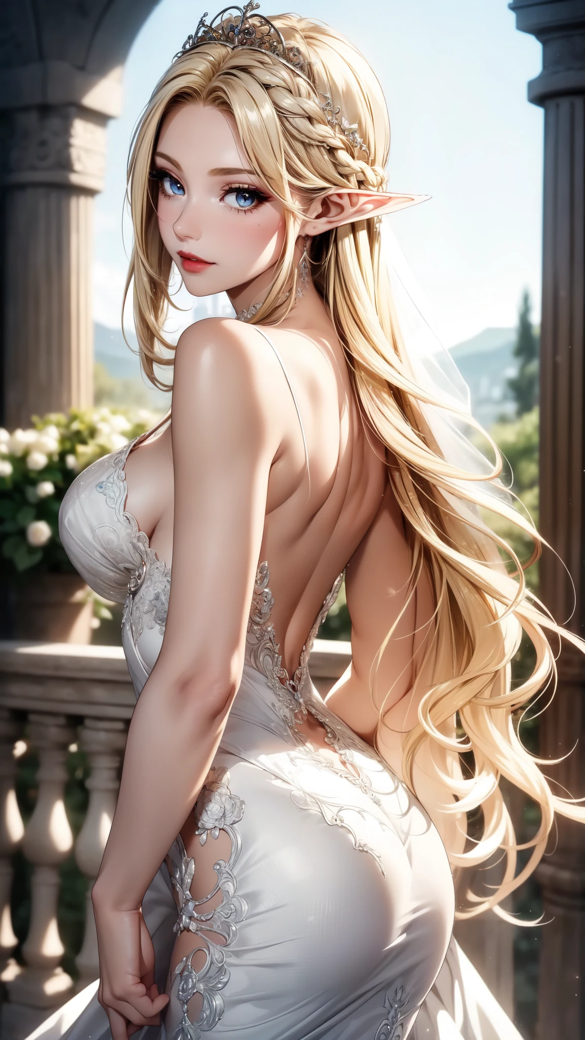 (masterpiece, best quality, beautiful and aesthetic:1.3), (A beautiful elf lady), look back, side view, 1 elf girl, (solo:1.3), light smile, (honey blonde hair streaked beige:1.4), (Gradient sliver hair ends:1.6), hair strand, absurdly long hair, single sidelock, wavy hair, shiny hair, floating hair, (sky blue eyes), delicate eyes, aqua eyes, super high detailed eyes, long upper eyelashes, eyes makeup, red lips, Focus on face, Very detailed facial, (Pretty Face:1.3), Perfect medium chest, slim body, porcelain skin, (Delicate skin texture:1.2), (Highly detailed skin:1.2), bridal veil, lace-trimmed dress, see-through, wedding dress, (outdoors), white roses, garden, (morning), detailed background, beautiful background, standing, whole body, extreme detailed, Edge lighting, two color lights, 8K UHD, Bokeh, イーブイの絵, soft light, Volumetric lighting, confess, warm tone