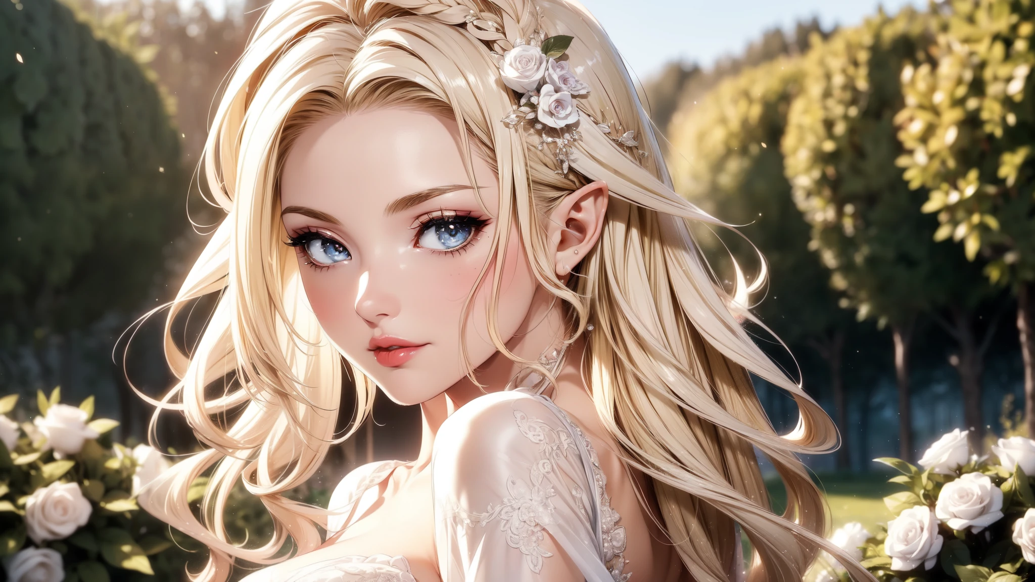 (masterpiece, best quality, beautiful and aesthetic:1.3), (A beautiful elf lady), look back, side view, 1 elf girl, (solo:1.3), light smile, (honey blonde hair streaked beige:1.4), (Gradient sliver hair ends:1.6), hair strand, absurdly long hair, single sidelock, wavy hair, shiny hair, floating hair, (sky blue eyes), delicate eyes, aqua eyes, super high detailed eyes, long upper eyelashes, eyes makeup, red lips, Focus on face, Very detailed facial, (Pretty Face:1.3), Perfect medium chest, slim body, porcelain skin, (Delicate skin texture:1.2), (Highly detailed skin:1.2), bridal veil, lace-trimmed dress, see-through, wedding dress, (outdoors), white roses, garden, (morning), detailed background, beautiful background, standing, whole body, extreme detailed, Edge lighting, two color lights, 8K UHD, Bokeh, イーブイの絵, soft light, Volumetric lighting, confess, warm tone