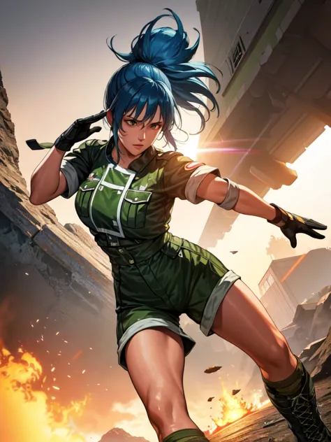 30-year-old woman, alone, athletic, blue hair tied in a ponytail, wears green military shorts, wears a green military top, wears...