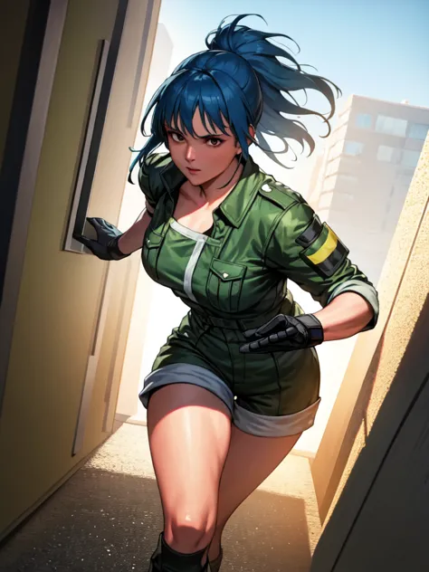 30-year-old woman, alone, athletic, blue hair tied in a ponytail, wears green military shorts, wears a green military top, wears...