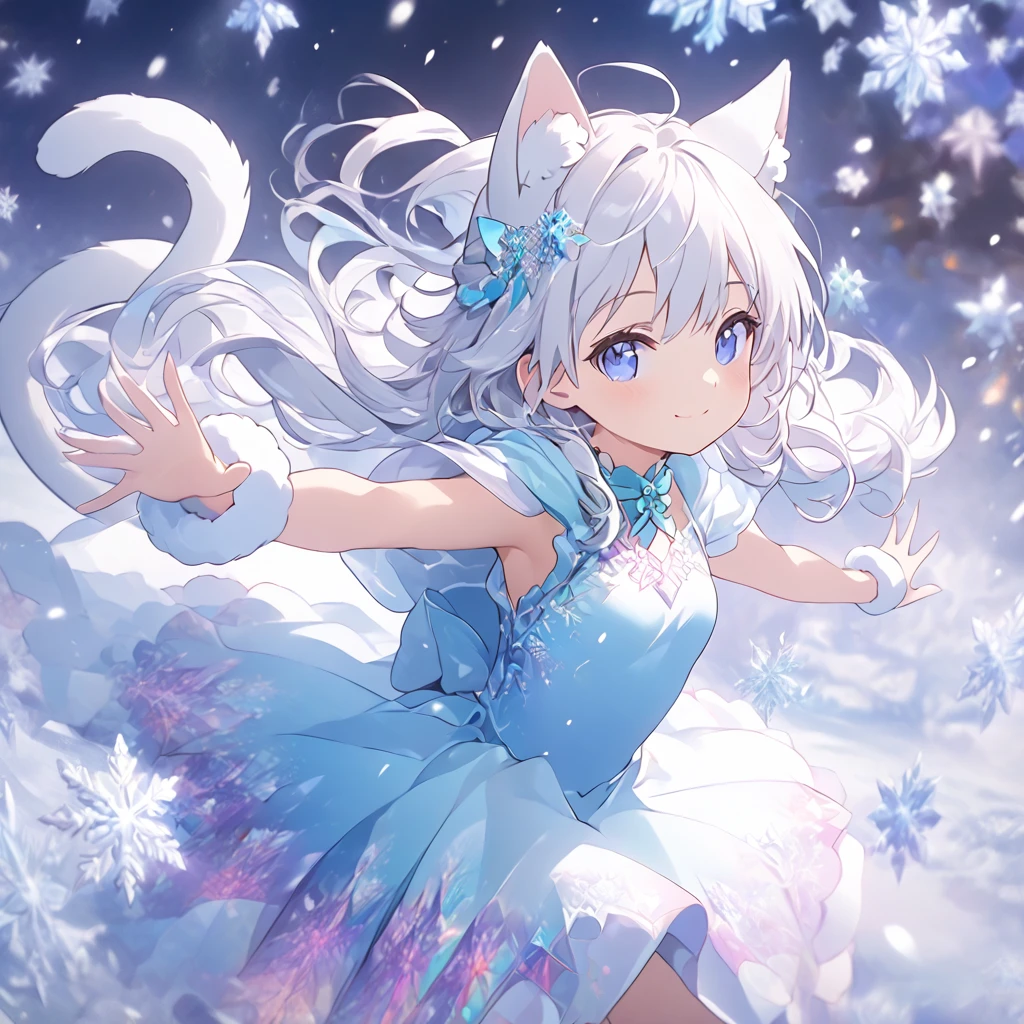 *8k Masterpiece, Top Quality, Best Quality, Official Art, (Beauty and Aesthetics: 1.3), Extremely Detailed, (Fractal Art: 1.3), White hair. cat ears. girl. Cute. Snow. blue eyes. small smile. fluffy cat tail. magical girl. dynamic pose.