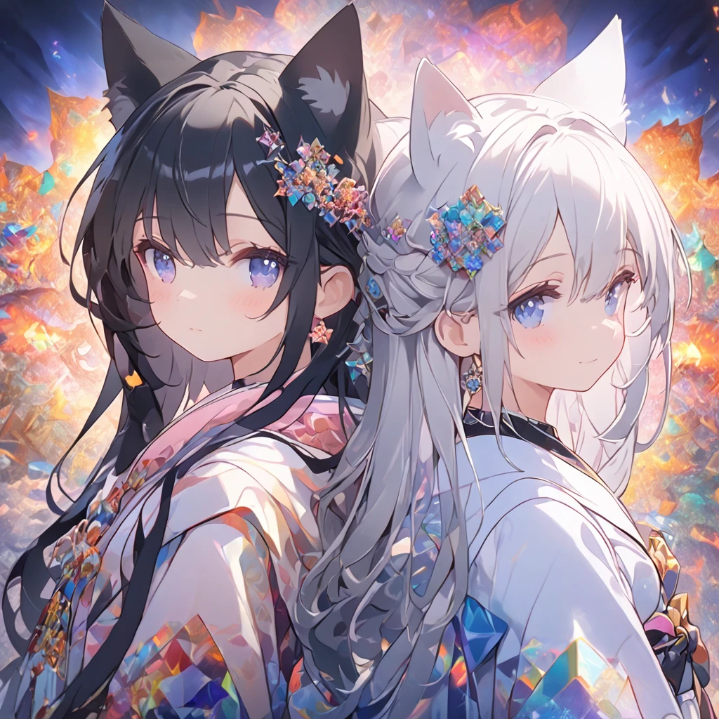 *8k Masterpiece, Top Quality, Best Quality, Official Art, (Beauty and Aesthetics: 1.3), Extremely Detailed, (Fractal Art: 1.3), 2 girls. 1 with black hair. 1 with white hair. cute. cat ears. 