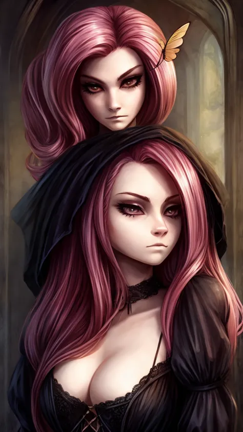 Fluttershy antropomorfica, In gothic clothes, slim body and big bust, looking ahead with a bored look 