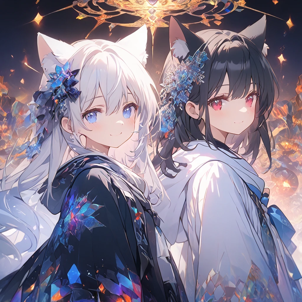 *8k Masterpiece, Top Quality, Best Quality, Official Art, (Beauty and Aesthetics: 1.3), Extremely Detailed, (Fractal Art: 1.3), 2 girls. 1 with black hair. and red eyes 1 with white hair and blue eyes. cute. cat ears. smile.