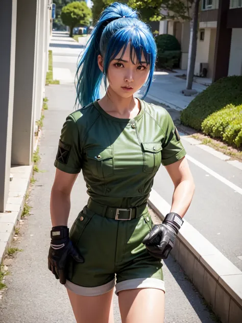 30-year-old woman, alone, athletic, blue hair tied in a ponytail, wears green military shorts, wears a green military top, wears...