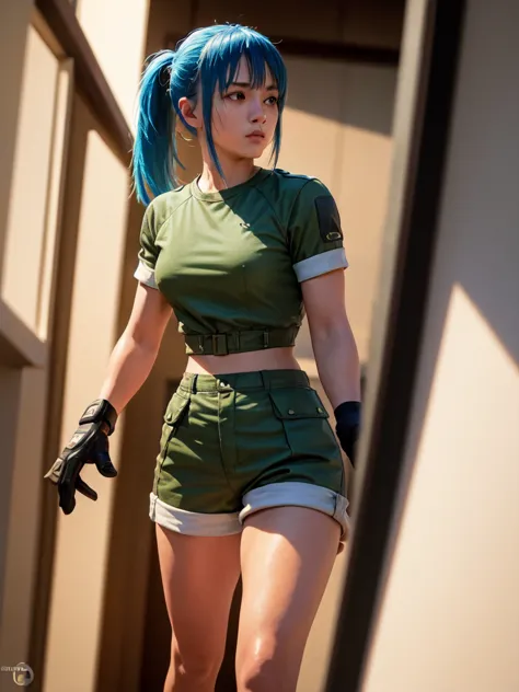 30-year-old woman, alone, athletic, blue hair tied in a ponytail, wears green military shorts, wears a green military top, wears...