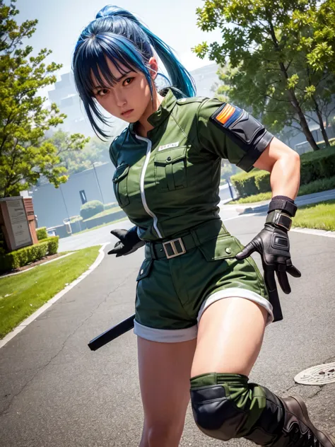 30-year-old woman, alone, athletic, blue hair tied in a ponytail, wears green military shorts, wears a green military top, wears...