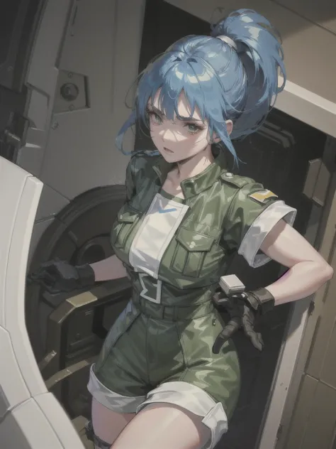 30-year-old woman, alone, athletic, blue hair tied in a ponytail, wears green military shorts, wears a green military top, wears...