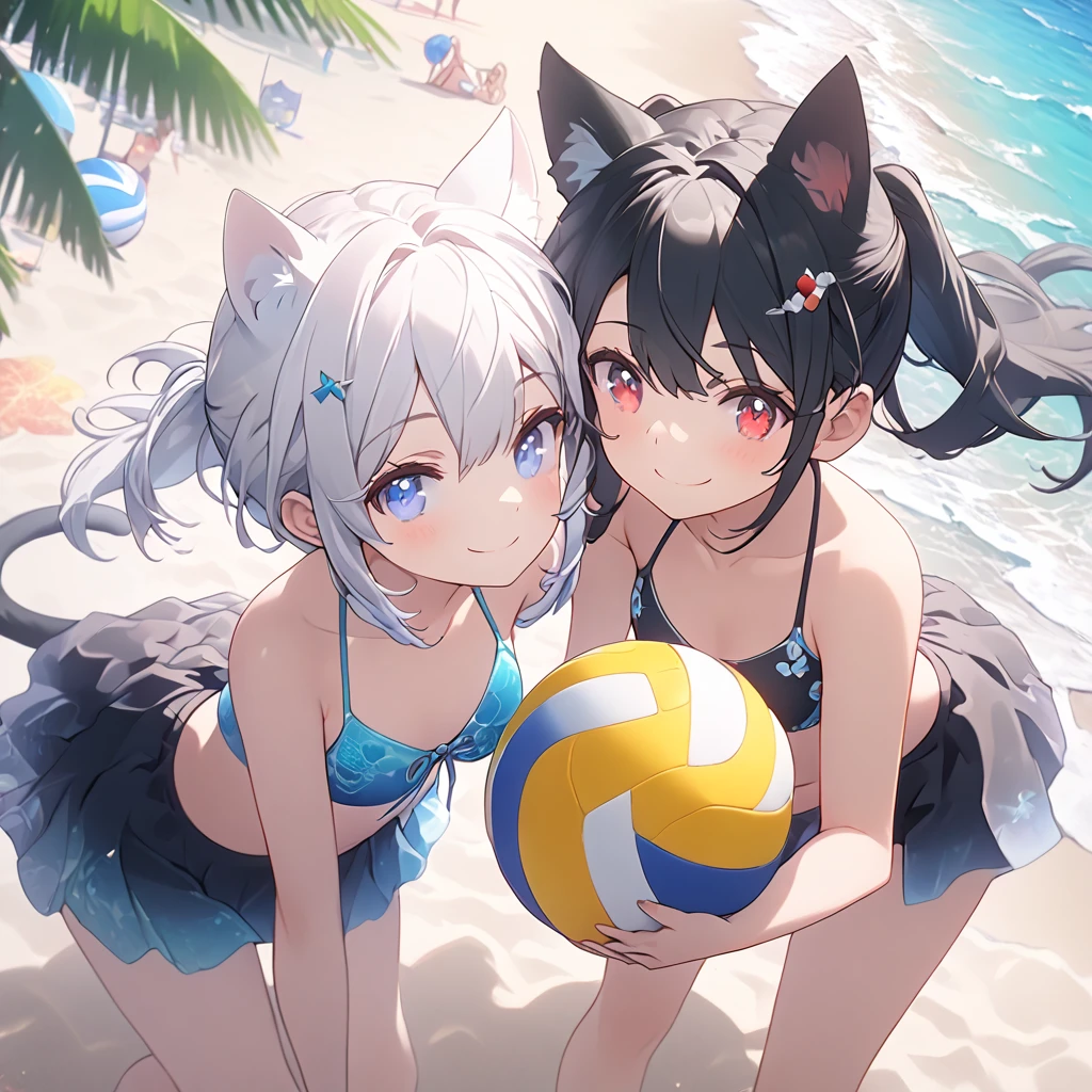 *8k Masterpiece, Top Quality, Best Quality, Official Art, (Beauty and Aesthetics: 1.3), Extremely Detailed, (Fractal Art: 1.3), 2 girls. 1 with black hair. and red eyes 1 with white hair and blue eyes. cute. cat ears. smile. bikini. beach. playing vollyball. 