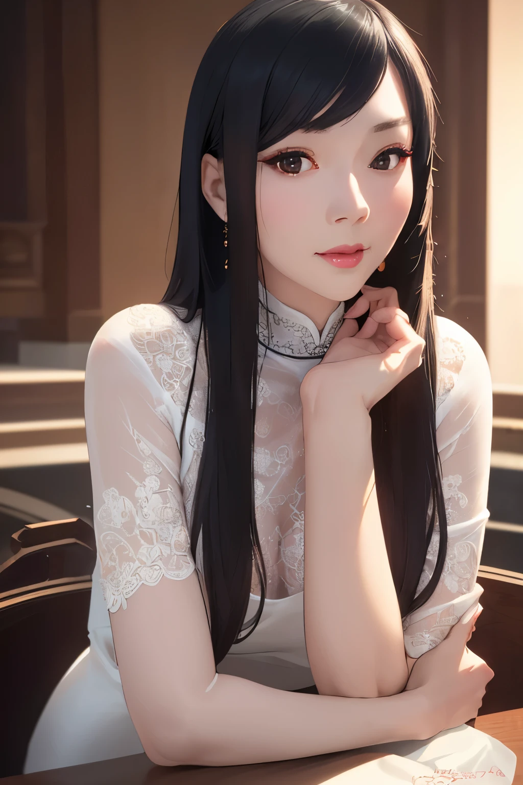 1 girl, beautiful detailed face, long black hair, white cheongsam dress, (best quality,4k,8k,highres,masterpiece:1.2),ultra-detailed,(realistic,photorealistic,photo-realistic:1.37),intricate details, delicate features, serene expression, natural lighting, cinematic composition, warm color tones