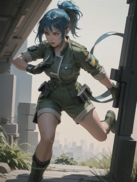 30-year-old woman, alone, athletic, blue hair tied in a ponytail, wears green military shorts, wears a green military top, wears...