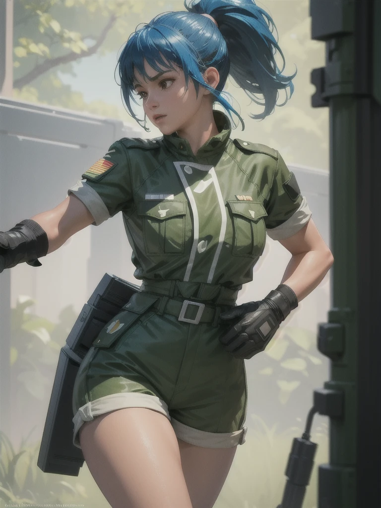 30-year-old woman, alone, athletic, blue hair tied in a ponytail, wears green military shorts, wears a green military top, wears dark gloves, has military boots, high resolution, perfect image, very detailed, high contrast, colors digital, simple, medium shot, cinematic, ultra-sharp focus, award-winning photography, perfect contrast, high sharpness, depth of field, ultra-detailed photography. global illumination, fluid, ultra high definition, 8k, Unreal Engine 5, ultra sharp focus, award-winning photography, Art Season Trends,
