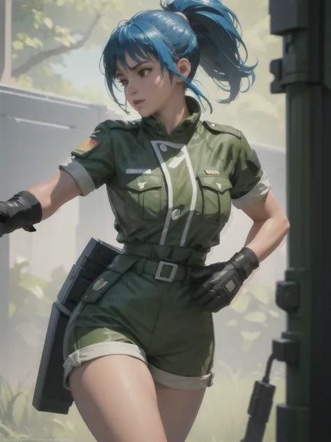 30-year-old woman, alone, athletic, blue hair tied in a ponytail, wears green military shorts, wears a green military top, wears...