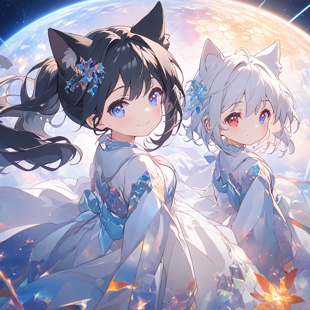 *8k Masterpiece, Top Quality, Best Quality, Official Art, (Beauty and Aesthetics: 1.3), Extremely Detailed, (Fractal Art: 1.3), 2 girls. 1 with black hair. and red eyes 1 with white hair and blue eyes. cute. cat ears. smile. Walking in space.