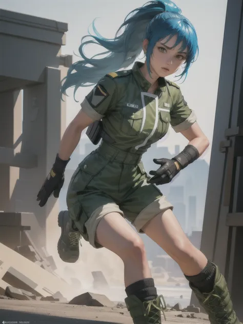 30-year-old woman, alone, athletic, blue hair tied in a ponytail, wears green military shorts, wears a green military top, wears...