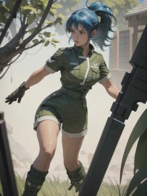 30-year-old woman, alone, athletic, blue hair tied in a ponytail, wears green military shorts, wears a green military top, wears...