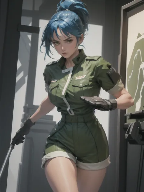 30-year-old woman, alone, athletic, blue hair tied in a ponytail, wears green military shorts, wears a green military top, wears...