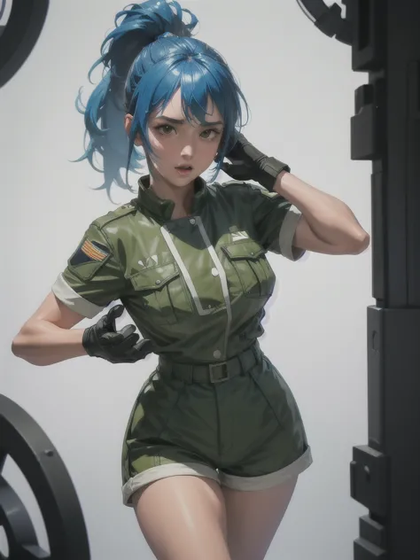 30-year-old woman, alone, athletic, blue hair tied in a ponytail, wears green military shorts, wears a green military top, wears...