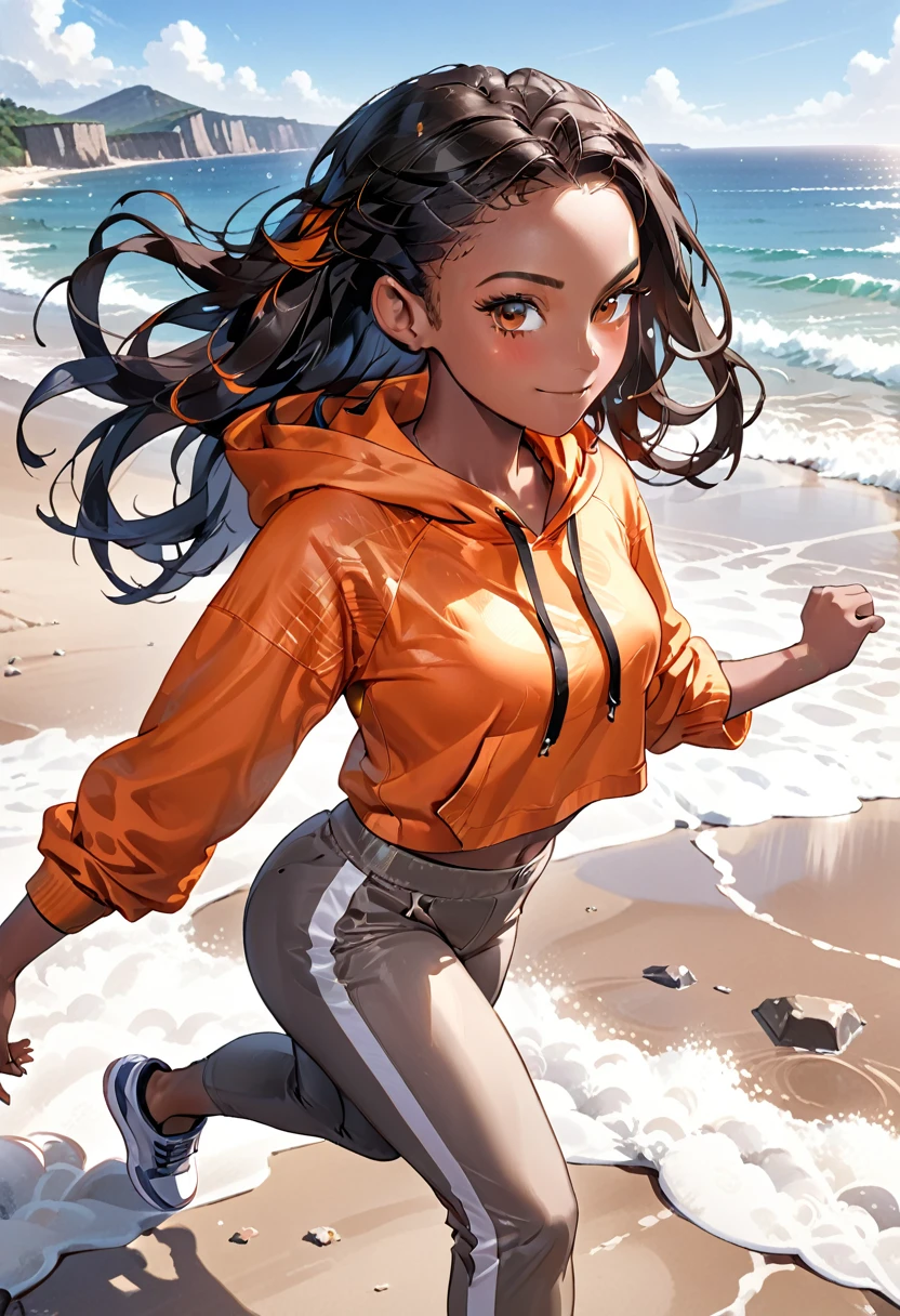 ( black woman, dreadlocks, kickboxer jogging, headphones, beautiful african-caribbean features,  pale orange hoodie,  gray yoga pants, sneakers),  ((((Impossible beauty, screencap, Score_8_up, thickline art, hyper-detail art,  anime coloring, best quality, hyper-hdr, 8k uhd,  hyper absurdres, very aesthetic,  side view)))),(((very dark skin, voluptuous, curvy, strong, shortstack, black hair, soft face, small wide nose, firm medium breast, curvy hips,  wide hips, red and brown heterochromia eyes))), (((((Hyper-stylistic, sharp gradients, deep highlights, hyper exposure, hyper-detailed Beach front background, hyper-detailed smooth textures)))), hyper emotional, ((perfect hands,  hyper perfect , perfect eyes, perfect anatomy, perfect  physiques, amazing skin, hyper-detailed eyes,  hyper-detailed features)), (salaciously smiling, dynamism,   dynamic lighting, dynamic shading, sensual shadowing,  sensual atmosphere)