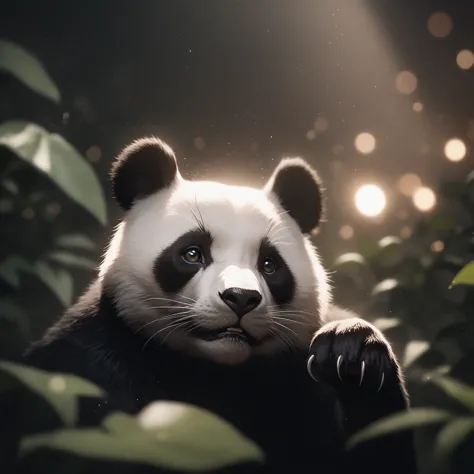 solo, looking at viewer, no humans, animal, leaf, plant, blurry foreground, animal focus, whiskers, panda,
cinematic film , real...