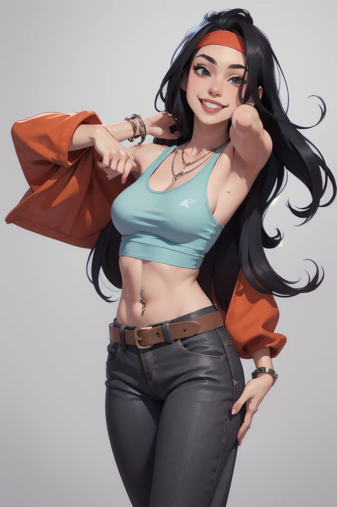 hayley smith, 1girl, black hair, long hair, solo, necklace, jewelry, tank top, headband, midriff, pants, platform high heels, belt, navel piercing,looking at viewer, smile, cowboy shot, fullbody, hippie